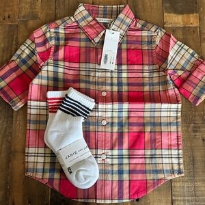 NWT Janie and Jack Red and Blue Plaid Kids Shirt and Sock Bundle